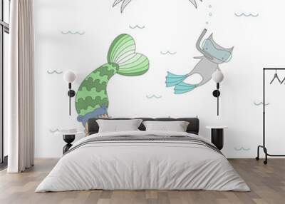 Hand drawn vector illustration of a cute mermaid girl and two cats in sea shell and in swim fins, scuba mask, under water, heart and text. Wall mural