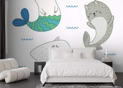 Hand drawn vector illustration of a kawaii funny cat mermaid, stingray, seal, swimming in the sea. Isolated objects on white background. Line drawing. Design concept for children print. Wall mural