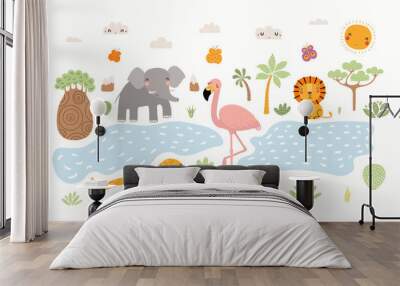 Hand drawn vector illustration of cute animals lion, flamingo, elephant, snake, African landscape. Isolated objects on white background. Scandinavian style flat design. Concept for children print. Wall mural