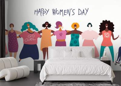 Hand drawn vector illustration of diverse modern girls together. Isolated people on white. Flat style design. Concept, element for feminism, womens day card, poster, banner. Female cartoon characters. Wall mural