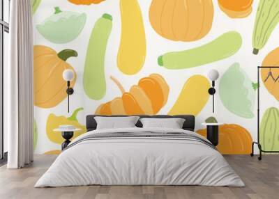 Seamless repeat pattern with different squash and pumpkins. Hand drawn vector illustration. Flat style design. Concept for autumn harvest, healthy eating, textile print, wallpaper, wrapping paper. Wall mural