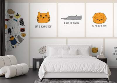 Set of cards with cute color doodles of different cats with funny quotes for cat lovers. Hand drawn vector illustration. Line drawing. Design concept for poster, t-shirt, fashion print. Wall mural