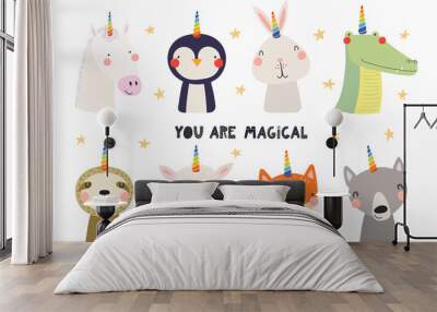 set of cute funny animals with unicorn horns, quote you are magical. isolated objects on white backg Wall mural