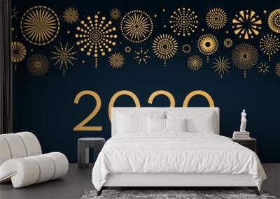 Vector illustration with bright golden fireworks on a dark blue background, text 2020 Happy New Year. Flat style design. Concept for holiday celebration, greeting card, poster, banner, flyer. Wall mural