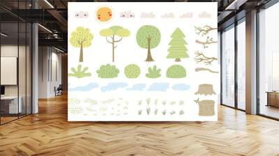 Woodland landscape clipart set, tree, bush, grass, pond, isolated on white. Hand drawn vector illustration. Scene creator, elements collection. Scandinavian style flat design. Concept for kids print Wall mural