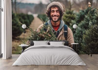 Smiling diverse man carrying christmas tree chosen on special farm. Preparing for holidays. Generative AI. Wall mural