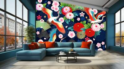 Spring Japanese background with fans and cranes Wall mural