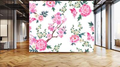 spring seamless pattern with blooming sakura, pink peonies plum branches and flying butterflies in c Wall mural