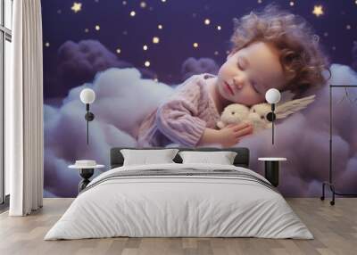 A baby sleeping on a cloud with a stuffed animal Wall mural