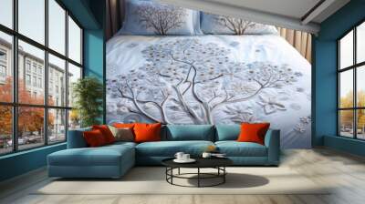 A bed with a white comforter and a tree on it Wall mural