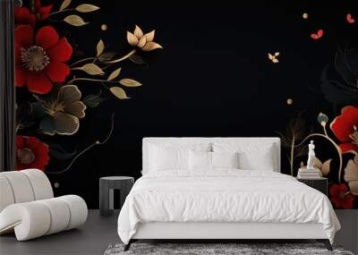 A black background with red and white flowers Wall mural