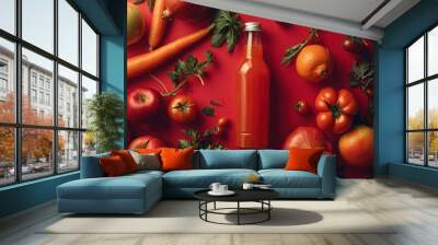 A bottle of juice surrounded by fruits and vegetables Wall mural