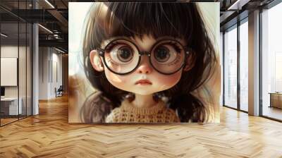 A close up of a little girl with glasses and long hair, AI Wall mural