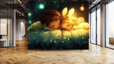 A couple of children laying on top of a bed Wall mural