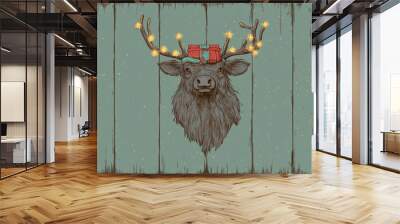 A deer with a christmas hat on its head Wall mural