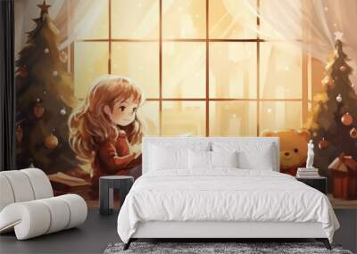 A girl sitting on the floor reading a book next to a bear Wall mural