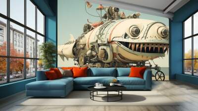 A large fish shaped vehicle with a man on top of it. AI. Wall mural