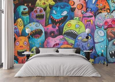 A large group of colorful monsters painted on a wall Wall mural