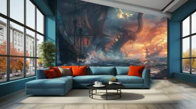 A large octopus attacking a ship in the ocean Wall mural