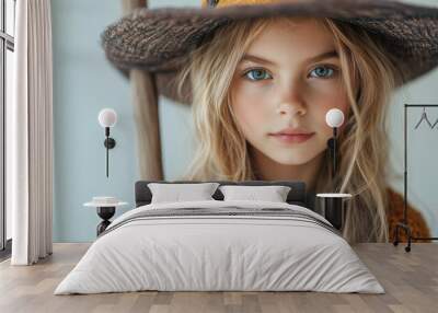 A little girl wearing a hat and holding a stick Wall mural