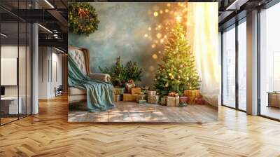 A living room with a christmas tree and presents Wall mural