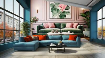 A living room with a green couch and pink walls Wall mural