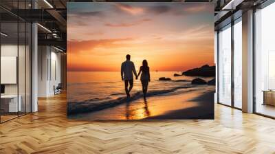 A man and a woman walking on a beach at sunset Wall mural