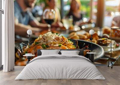 A plate of food sitting on top of a wooden table Wall mural