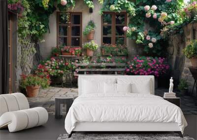 a stone patio with a bench and potted plants Wall mural