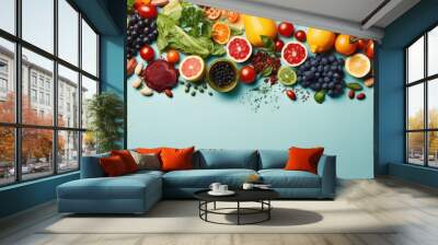 A variety of fruits and vegetables on a blue background Wall mural