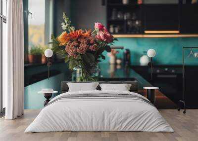 A vase of flowers sitting on a kitchen counter Wall mural