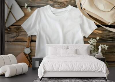 A white t - shirt sitting on top of a wooden table Wall mural