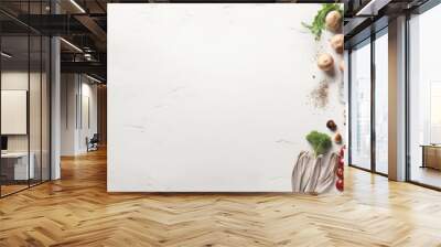 A white table topped with lots of different types of food Wall mural