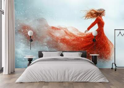 A woman in a red dress is walking through the snow Wall mural