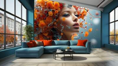 A woman with flowers in her hair. AI. Wall mural