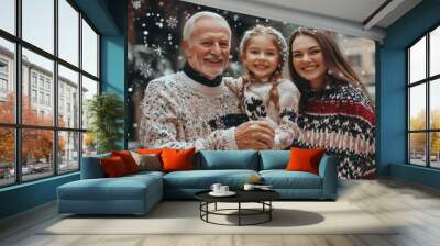 An older man and two young girls standing in the snow Wall mural