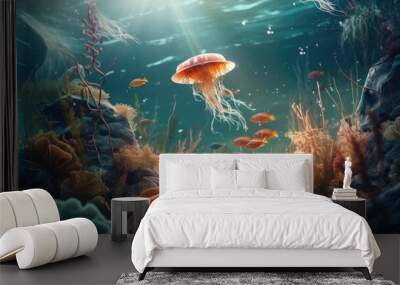 An underwater scene with a jellyfish and corals Wall mural