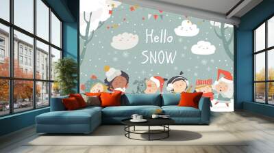 Cartoon happy children enjoying winter. Hello snow Wall mural