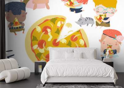 Cartoon hungry children eating pizza on a white background Wall mural