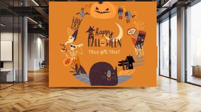 Cartoon wreath with Halloween elements and characters Wall mural