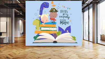 Cute Cartoon Children sitting on Stack of Books among Fairytale Monsters Wall mural