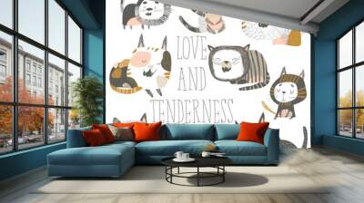 Cute cats in different poses on white background Wall mural