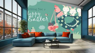 Easter bunnies,chicken and easter eggs  Wall mural