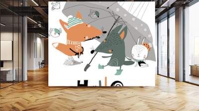 Funny animals under umbrella. Autumn time. Rainy weather. Vector image Wall mural