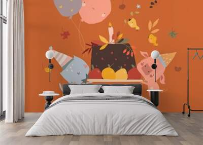 Happy Cartoon Friends Animals celebrating Autumn Birthday Wall mural