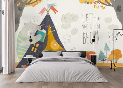 Kids reading book with animals in a teepee tent Wall mural