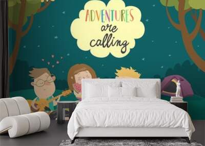 Kids sitting around bonfire and roasting marshmallows Wall mural