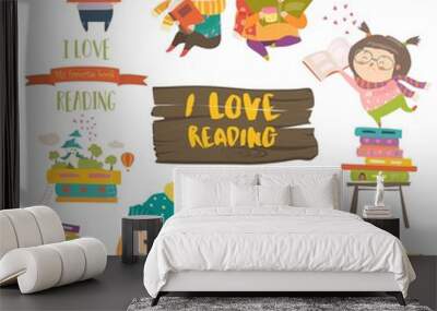 Set of cartoon children reading books Wall mural