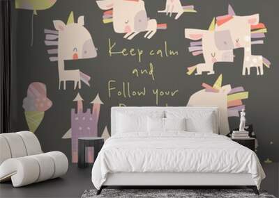 Set of cute little unicorns and magic elements Wall mural