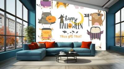 Set of funny animal characters dressed in Halloween costumes Wall mural